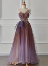A-line Purple Gradient Tulle Beaded Long Party Dress