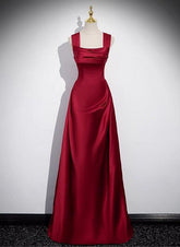 Vestido de fiesta de satén rojo vino con tirantes y escote redondo hasta el suelo