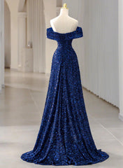 A-line Blue Sequins Off Shoulder Prom Dress