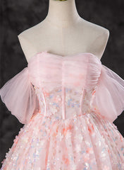 Vestido de fiesta largo con hombros descubiertos y encaje rosa