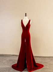 Wine Red Velvet V-neckline Long Party Dress