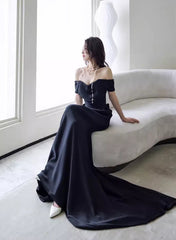 Black Off Shoulder Soft Satin Floor Length Party Dress
