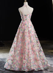 Vestido de fiesta largo con encaje floral, corte A y cuello halter en color rosa