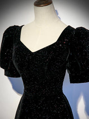 A-line Black Shiny Velvet Short Sleeves Prom Dress