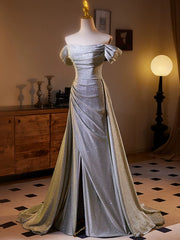 Vestido de fiesta largo con hombros descubiertos, corte A, color gris plateado