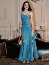 Blue Mermaid Straps Long Sweetheart Prom Dress