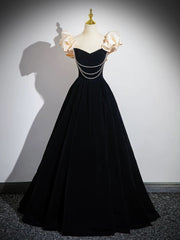 A-line Black Velvet Pearls Off Shoulder Party Dress