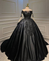 Vestido de fiesta de satén negro con mangas largas para quinceañeras