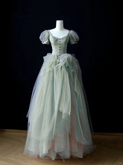 Lindo vestido de fiesta largo de manga corta verde y rosa