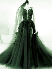 Vestido de fiesta largo de tul verde con corte A y apliques de encaje