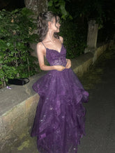 A-line Purple Tulle with Lace Applique Straps Evening Dress