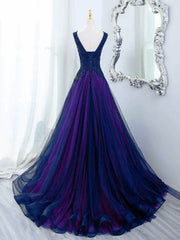 A-line Blue and Purple V-neckline with Lace Applique Party Dress