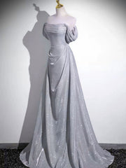 Precioso vestido de fiesta gris plateado con hombros descubiertos y largo hasta el suelo