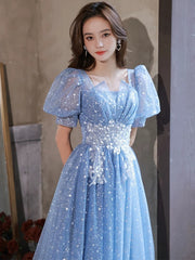 Vestido de fiesta largo de corte A, azul claro, de manga corta y con apliques de encaje