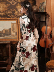 Ivory Floral Tea Length Wedding Party Dress with Sleeves