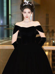Black Velvet Off Shoulder Low Back Prom Dress with Bow