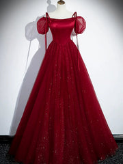 Precioso vestido de fiesta de corte A en tul y lentejuelas color rojo vino