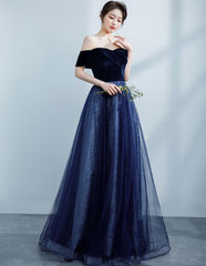 Navy Blue Off Shoulder Velvet Sweetheart Party Dress