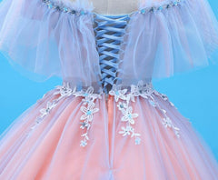 Charming Blue and Pink Tulle Off Shoulder Sweet 16 Dress with Lace