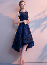 Navy Blue Lace High Low Round Neckline Party Dress