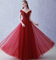 A-line Wine Red Tulle Beaded Long Party Dresses Formal Dress