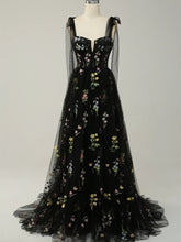 Black Floral Tulle Straps A-Line Long Party Dress