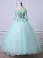 Mint Green Tulle Off Shoulder Long Sleeve Lace Applique Sweet 16 Prom Dress