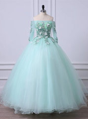 Mint Green Tulle Off Shoulder Long Sleeve Lace Applique Sweet 16 Prom Dress
