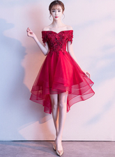 Red High Low Lace Flowers Tulle Off Shoulder Party Dress