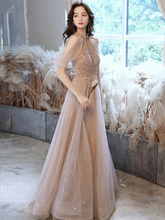 Champagne Tulle Haler Beaded Shiny Long Party Dress