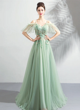Beautiful Green Off Shoulder Sweetheart Lace Beaded Evening Dresses