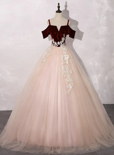 Pink Tulle with Velvet Top Long Party Dress Prom Dres