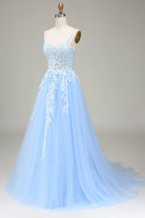 Light Blue Tulle A-line Prom Dress Party Dress with Lace