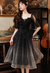Black Tulle Gradient Short Sleeves Party Dress with Lace