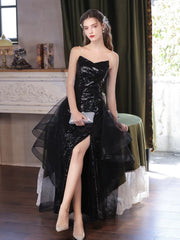 Black Sequins V-neckline Straps Long Party Dress