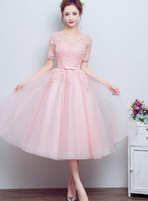 Beautiful Pink Tulle Tea Length Bridesmaid Dresses