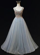 Blue Tulle with Flowers Straps Long Evening Dress