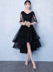 High Low Black V-neckline Short Sleeves Homecoming Dress