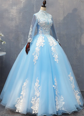 Vestido de tul con encaje y mangas largas azul para quinceañeras