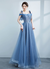 Blue Shiny Tulle Off Shoulder Beaded Straps A-line Party Dress