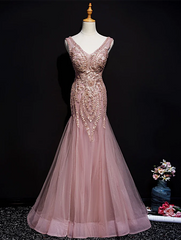 Pink Mermaid Tulle Long Evening Dress with Lace