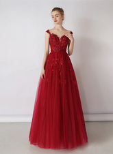 Wine Red Tulle Round Neckline Long Party Dress