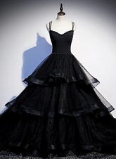 Black Tulle Layers Straps Beaded Long Evening Dress