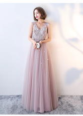Pink Beaded V-neckline Tulle Long Party Dresses
