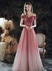 Vestido formal de tul brillante con degradado y escote en forma de corazón en color rosa