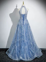 Vestido de fiesta largo con espalda descubierta, corte A, de tul y cuentas, estilo halter