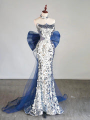 Light Grey Mermaid Sequins Long Party Dress with Bow