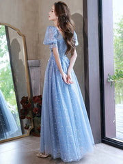 Vestido de fiesta largo de corte A, azul claro, de manga corta y con apliques de encaje