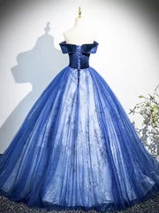 Blue Tulle with Lace Off Shoulder Party Dress