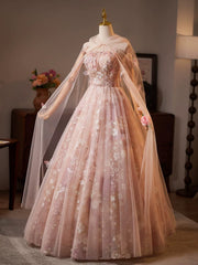 Vestido de fiesta largo hasta el suelo de tul rosa con encaje y corte en A